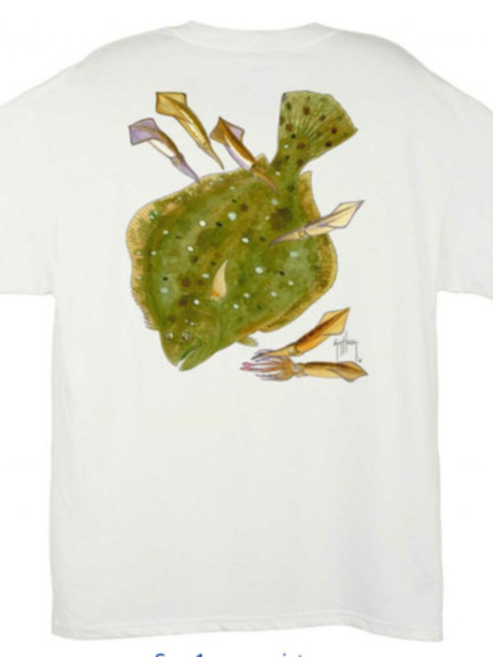 Guy Harvey Vintage White Summer Flounder Squid Marine Graphic Fishing T-Shirt